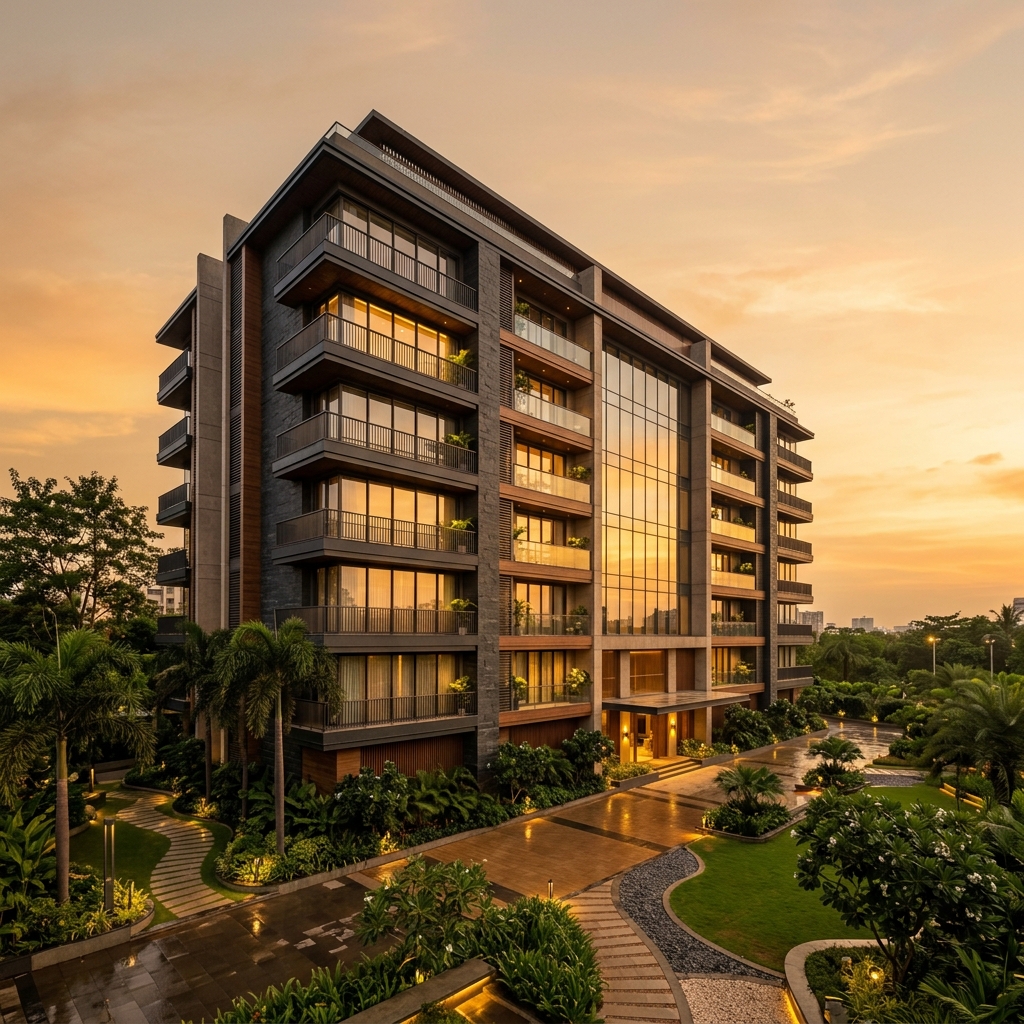 Modern luxury building exterior at golden hour